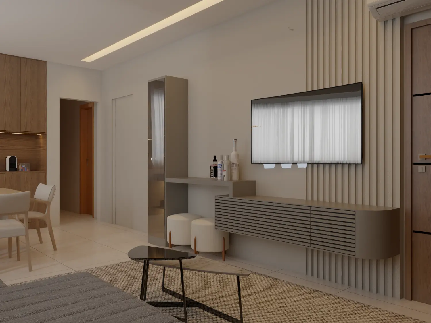 Sala de estar e jantar integradas com painel ripado e iluminação embutida — foto 2